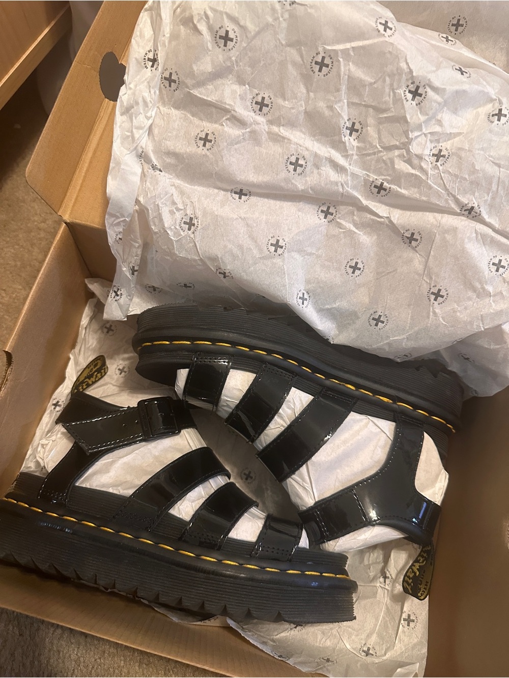 Dr. Martens Black Patent Strap Platform Sandal